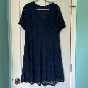 Navy Blue Lace Wrap Top Dress